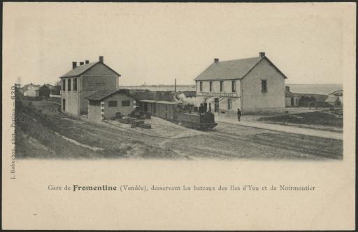 Fromentine : la gare desservant les bateaux des îles d'Yeu et de Noirmoutier (vue 1), l'arrivée en gare d'un tramway à vapeur de Challans (vue 2) / Jules Robuchon phot.